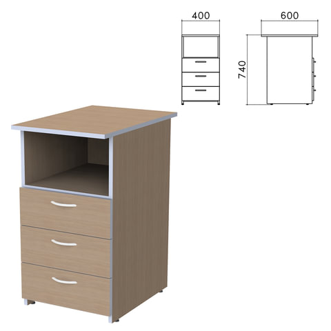 Тумба приставная "Бюджет", 400х600х740 мм, 3 ящика, полка, орех онтарио, 402657-160