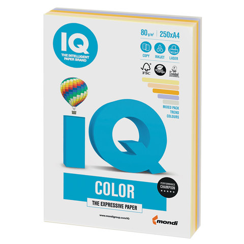 Бумага цветная IQ color, А4, 80 г/м2, 250 л., (5 цветов х 50 листов), микс тренд, RB03