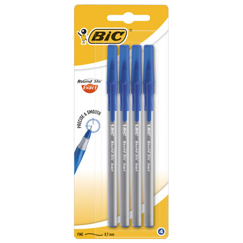 Ручки шариковые с грипом BIC "Round Stic Exact", НАБОР 4 шт., СИНИЕ, линия письма 0,28 мм, блистер, 932857