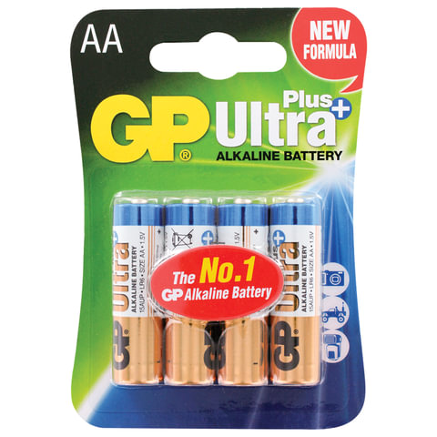 Батарейки КОМПЛЕКТ 4 шт., GP Ultra Plus, AA (LR06, 15А), алкалиновые, пальчиковые, блистер, 15AUP-2CR4