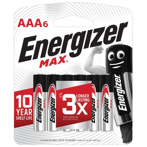 Батарейки КОМПЛЕКТ 6 шт., ENERGIZER Max, AAA (LR03, 24А), алкалиновые, мизинчиковые, блистер, E301532701