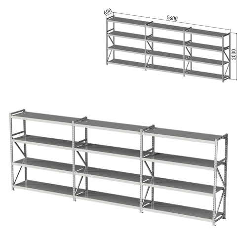 Стеллаж металлический (3 СЕКЦИИ) ПРАКТИК "MS Pro", 2000х5600х600 мм, (КОМПЛЕКТ)