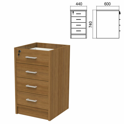 Тумба (каркас БЕЗ КРЫШКИ) приставная "Арго", 440х450х740 мм, 4 ящика, замок, орех